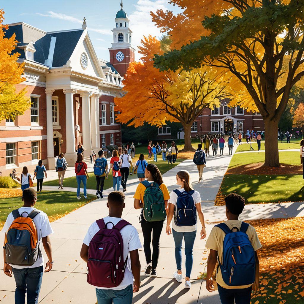 A diverse group of excited freshmen carrying backpacks, navigating a bustling college campus with iconic buildings, dormitory halls, and a welcoming orientation booth. Include elements like books, laptops, and campus maps to symbolize academic life. A backdrop of autumn trees transitioning to golden hues to signify the start of the academic year. vibrant colors. super-realistic.