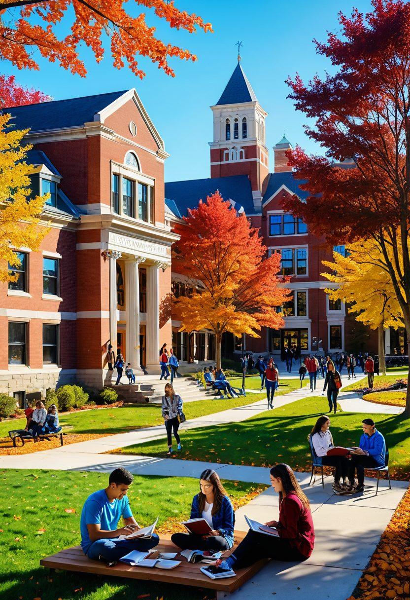 A bustling college campus with diverse students engaged in various activities like studying, socializing, and exploring new hobbies. Add iconic college elements like books, laptops, and dormitory buildings. Include vibrant autumn foliage to capture the season of new beginnings. super-realistic. vibrant colors.